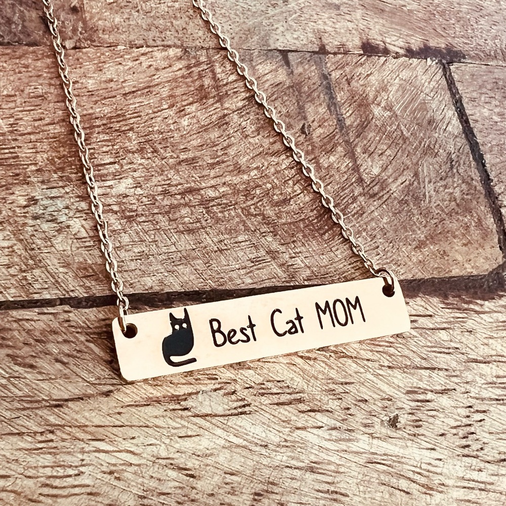 Rose Gold Color Stainless Steel Best Black Cat MOM Dainty 16” Chain Bar Necklace